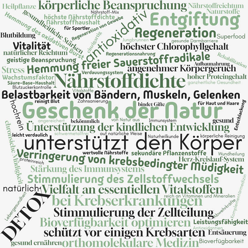 Aufgeführt ist eine Vielzahl an Schlagworten, die in der Werbung von Mikroalgenprodukten zu finden sind. Es werden zahlreiche Angaben sowohl in Bezug auf die Gesundheit, wie z. B. „Entgiftung“, als auch in Bezug auf den Nährwert, wie z. B. „höchste Nährstoffdichte“ gemacht.